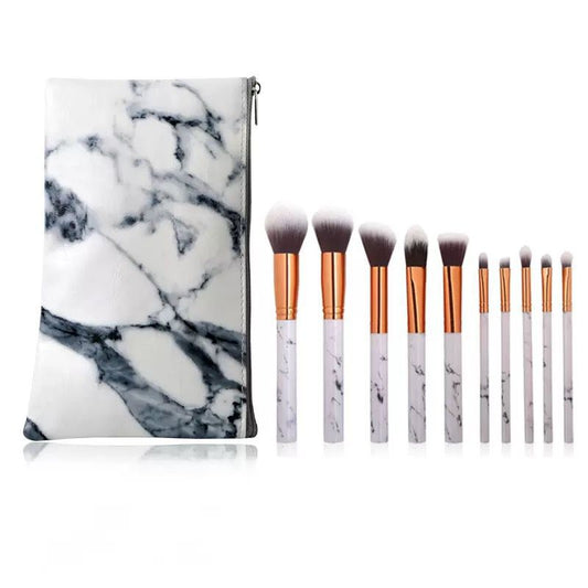 10-Piece Marble Makeup Brush Set with Zipper Pouch – Soft Synthetic Cosmetic Brushes.